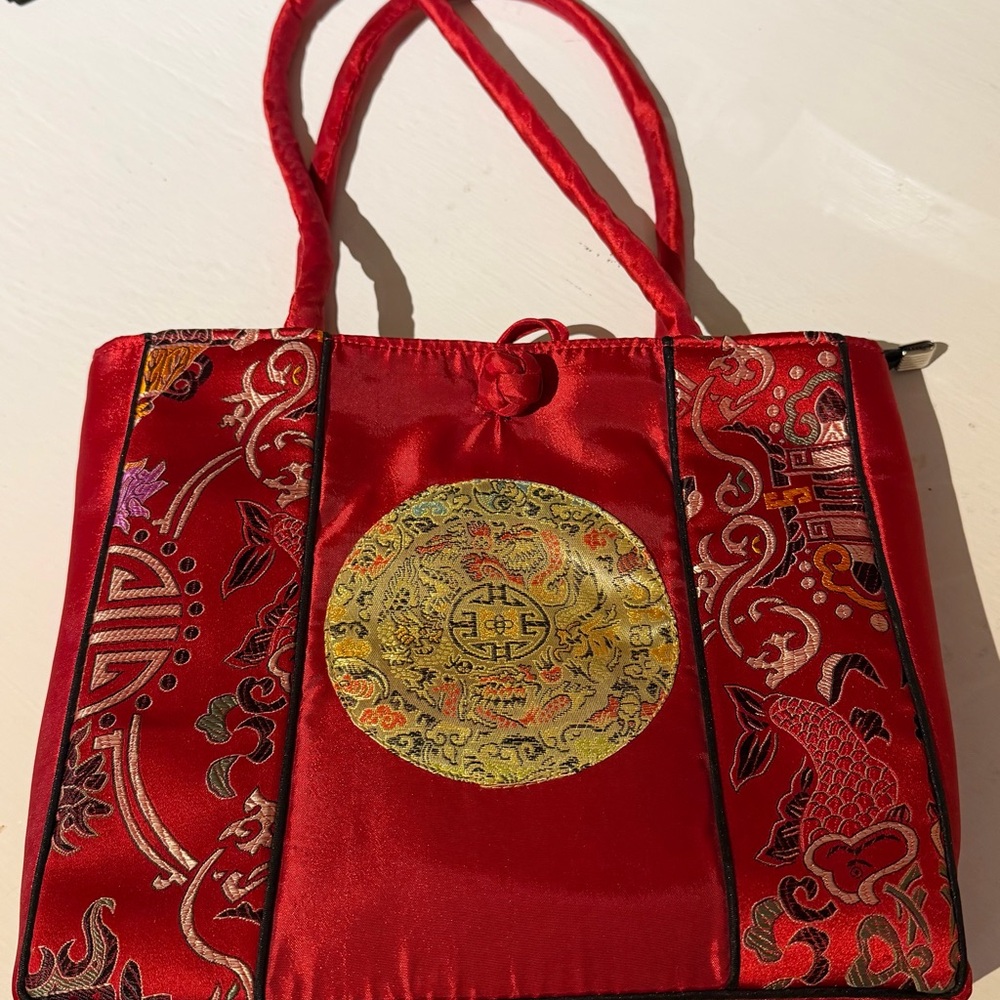 Red Satin Embroidered Tote Bag with Gold Medallion